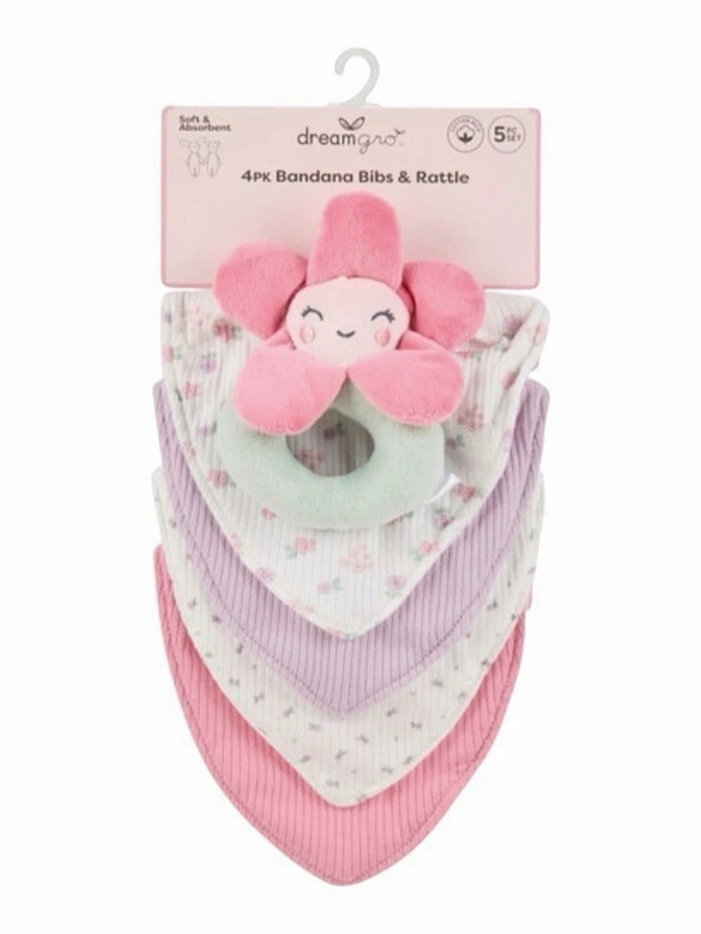 dreamgro 4PK Bandana Bibs & Rattle Pink Floral NWT